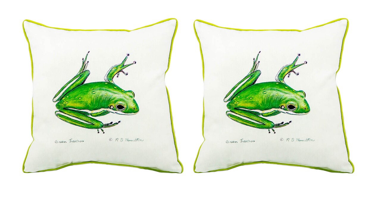 Pair of Betsy Drake Green Treefrog Large Pillows 18 Inch x 18 Inch